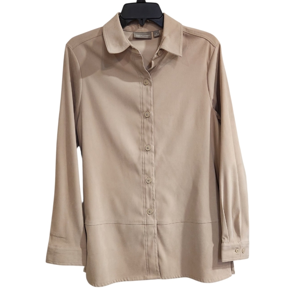 Croft & Barrow Womens Sz S  Shacket Shirt Beige Button Up Long Sleeve Stretch